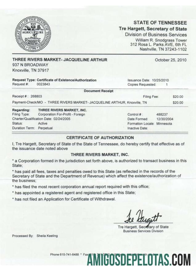 Exemplo de Certificado de Regularidade dos EUA Tennessee